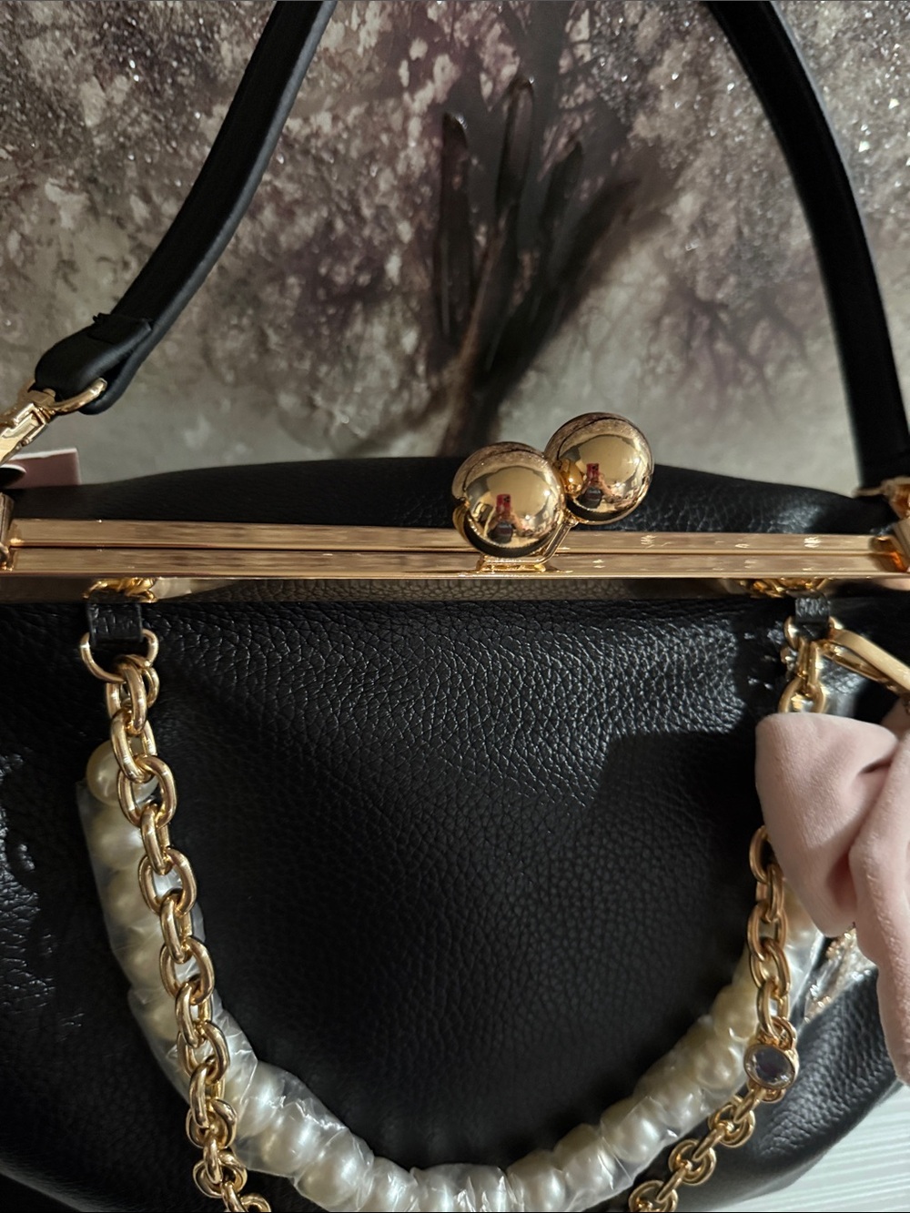Juicy Couture kisslock handbag w/a prominent blush pink bow and pearl charm.$108 - Picture 5 of 10